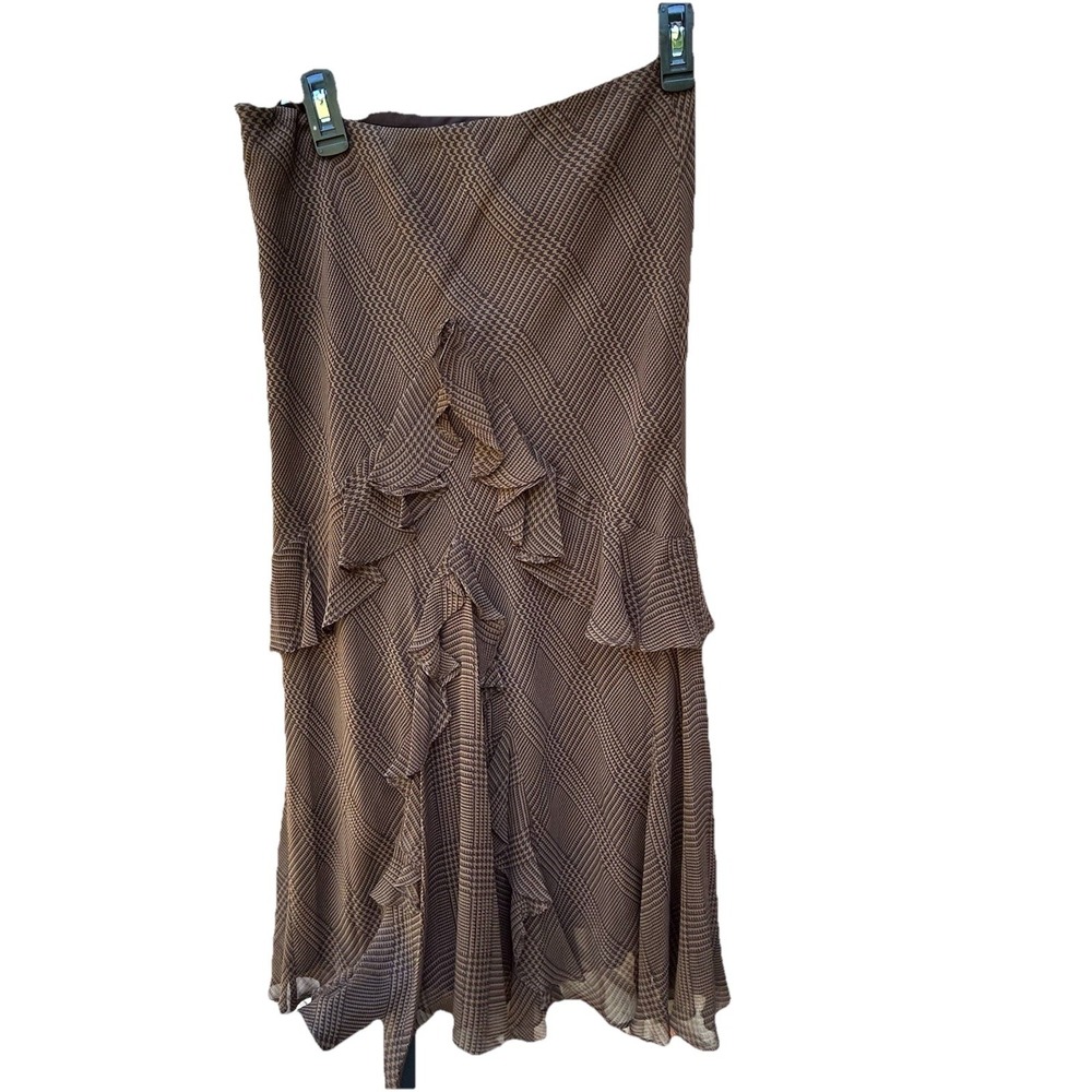 LAUREN RALPH LAUREN Brown Silk Ruffle Skirt Plaid Midi Size Small NWOT Y2K - Picture 3 of 7